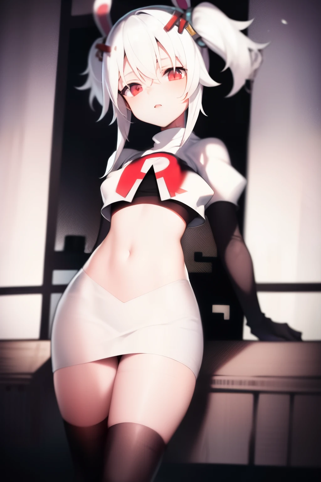 masterpiece, best quality, fake animal ears, solo, white hair, twintails,team rocket,team rocket uniform,white skirt,red letter R,crop top,black thigh-highs,black elbow gloves,