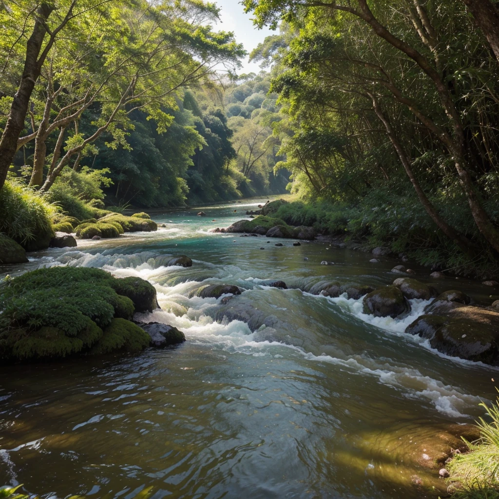 sobrevoando uma floresta exuberante, admiring the lush green landscape that stretches to the horizon. No meio da floresta, you see a short river that cuts through the vegetation, formando um contraste entre o azul e o verde. O rio corre com rapidez, carrying crystal clear and refreshing waters. O sol ilumina a cena, enhancing the brightness and colors of nature. River water reflects sunlight, creating a shimmering effect on the surface. As ondas e as correntes criam formas e movimentos variados, that catch your attention. It is a scene of pure beauty and harmony, onde o rio e a floresta se completam.