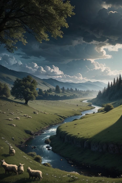 The shepherd leads the white flock to rest by the stream, near the vast green meadows, in the distance there is a valley of dark clouds, below the valley is the abyss, the abyss dark clouds, HD detail, hyper-detail, soft light, deep field focus bokeh, ray tracing.