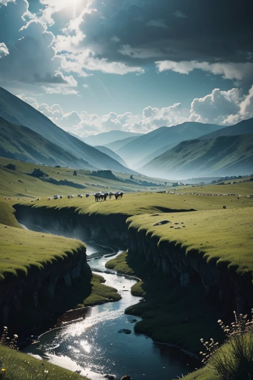 The shepherd leads the white flock to rest by the stream, near the vast green meadows, in the distance there is a valley of dark clouds, below the valley is the abyss, the abyss dark clouds, HD detail, hyper-detail, soft light, deep field focus bokeh, ray tracing.