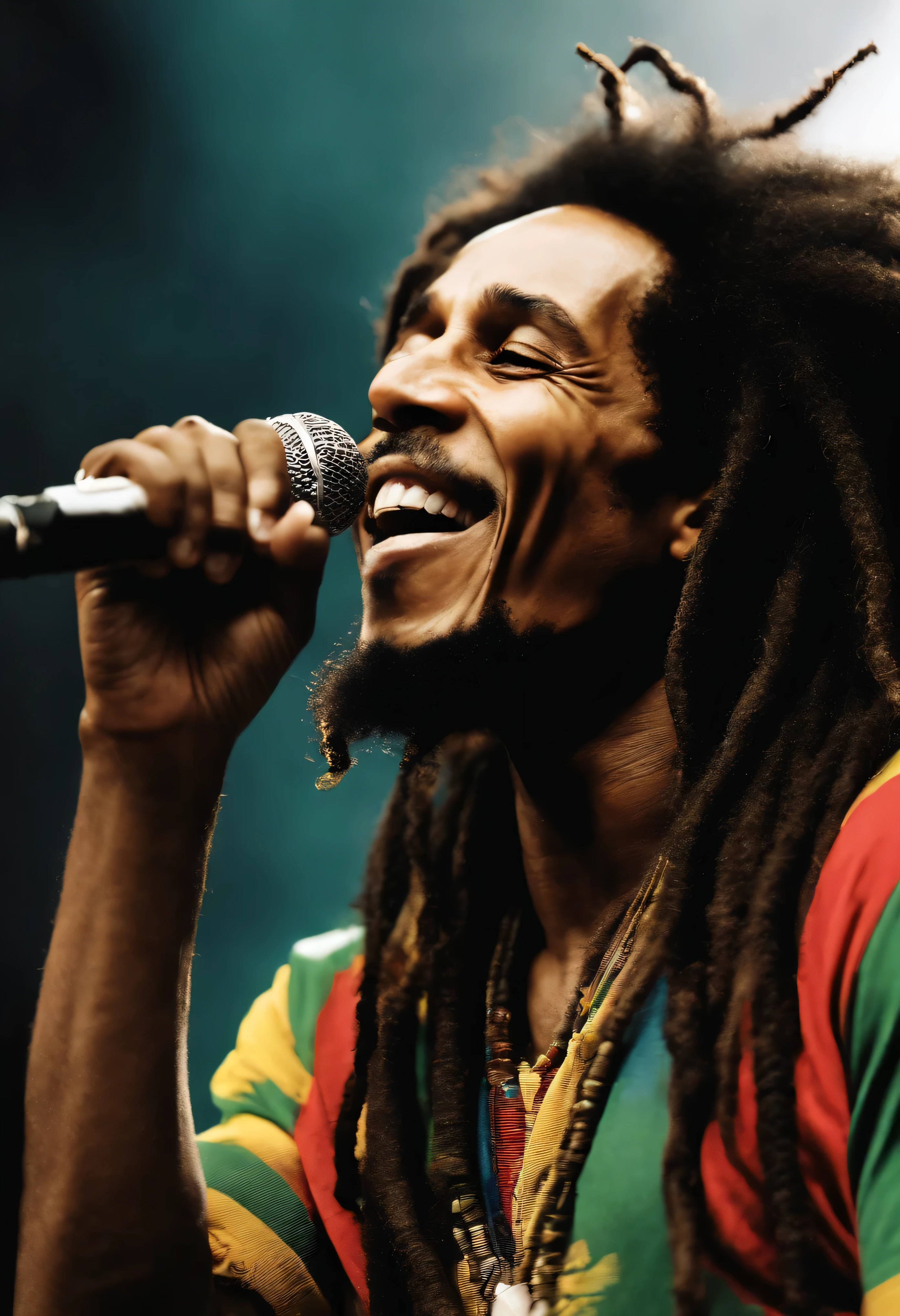 an image of Bob Marley sorrindo, fumando um baseado de cannabis , Nenhum estilo de Russ Mills, Michael Garmash, charming sketches, mono-ha, Contemporary Asian art, Lilia Alvarado, Pincelada concisa --AR 69:128 --s 750 --V 5. 2, pinceladas nas cores do reggae