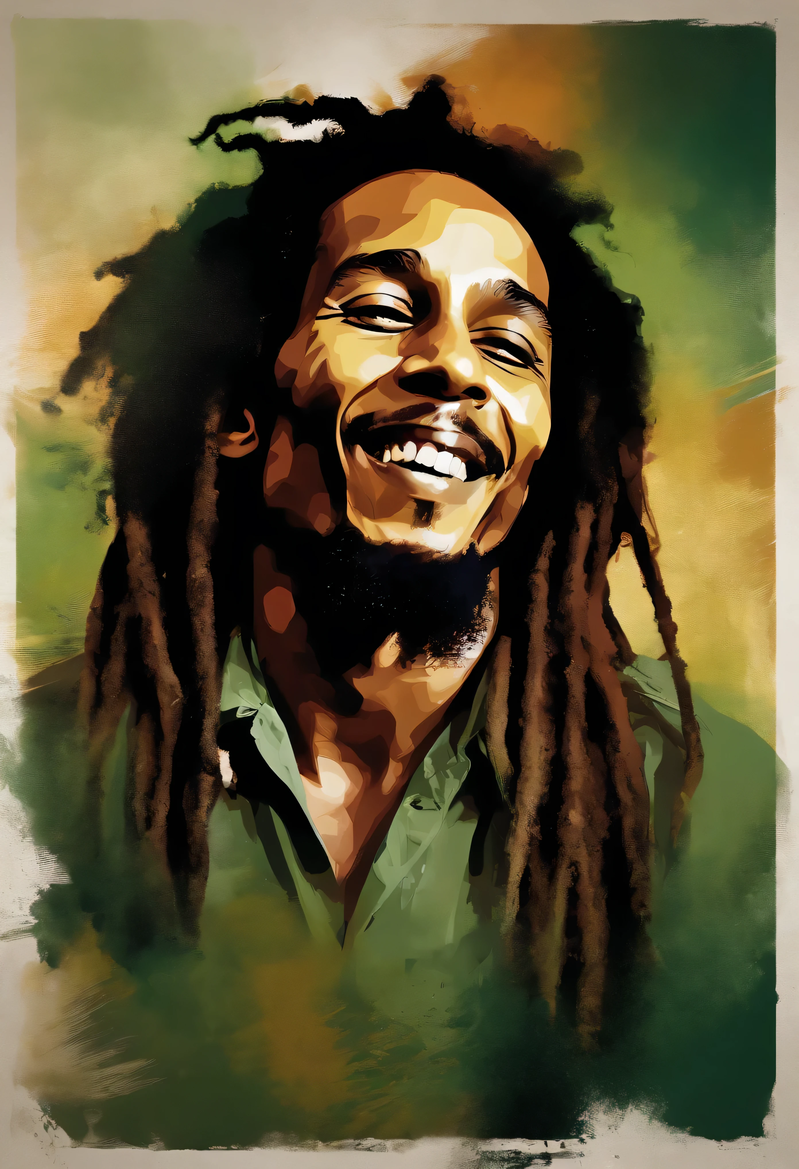 an image of Bob Marley sorrindo, fumando um baseado de cannabis , Nenhum estilo de Russ Mills, Michael Garmash, charming sketches, mono-ha, Contemporary Asian art, Lilia Alvarado, Pincelada concisa --AR 69:128 --s 750 --V 5. 2, pinceladas nas cores do reggae