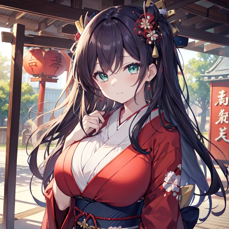 Nozomi Tōjō, Nozomi Tojo, (Green eyes:1.5), Purple hair, Twin-tailed, low Twin-tailed, Scrunchie, Long hair, (Huge bust:1.6)、(清楚なkomono美人:1.3)、((23years old))、(Brown hair、curlyhair、Lustrous hair)、(Gorgeous kimono、beautiful red and black kimono:1.3)、First visit、(Standing:1.3)、
BREAK hakama, Hakama skirt, komono, shrine maiden, Red Hakama, Long sleeves,
BREAK looking at viewer,
BREAK outdoors, shrines,
BREAK (masutepiece:1.2), Best Quality, High resolution, Unity 8k壁纸, (Illustration:0.8), (Beautiful detailed eyes:1.6), extra detailed face, Perfect Lighting, extremely details CG, (Perfect hands, Perfect Anatomy),