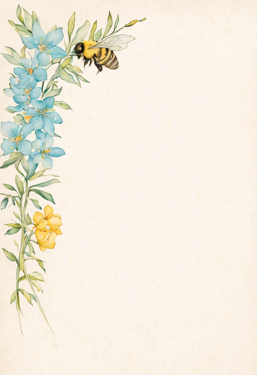 art nouveau , Letter Writing Paper Sheets Floral Border, delicate, Flowers and beehive, sketching, aquarelle modern