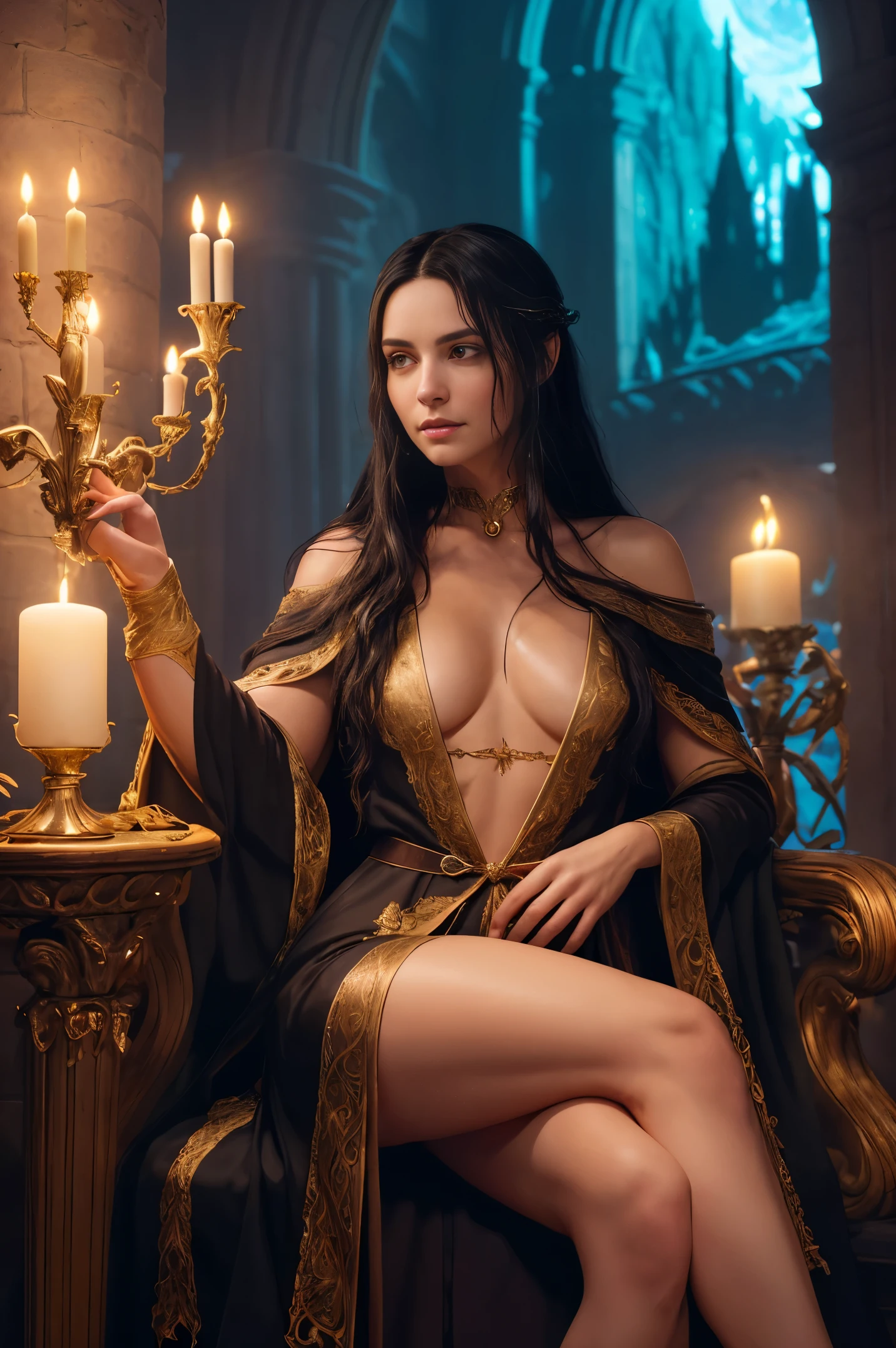 A beautiful European female sorceress, long black hair, medium breasts, perfect body, D&D aesthetic, (high detail plunging revealing magical robe), (cleavage), high detail face, high detail skin, inside a wizard's tower, wreathed in magic, reclining on lounge, 8k, HDR, high resolution, photo-realistic, cinematic lighting, depth of field, bokeh, rim lighting, backlit, cool colours, night