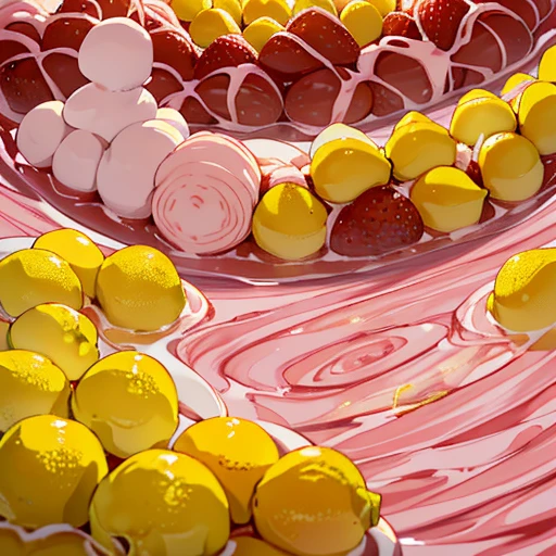 A pastry chef covered in boiling strawberry parfait ramen serving a giant cut banana、Amazing dynamism、Amazing Angle、Whirlpool sandstorm of unstable buoyancy、(((Many close-knit cut lemons float closely together and chase each other.)))。surround each other'large lemon、