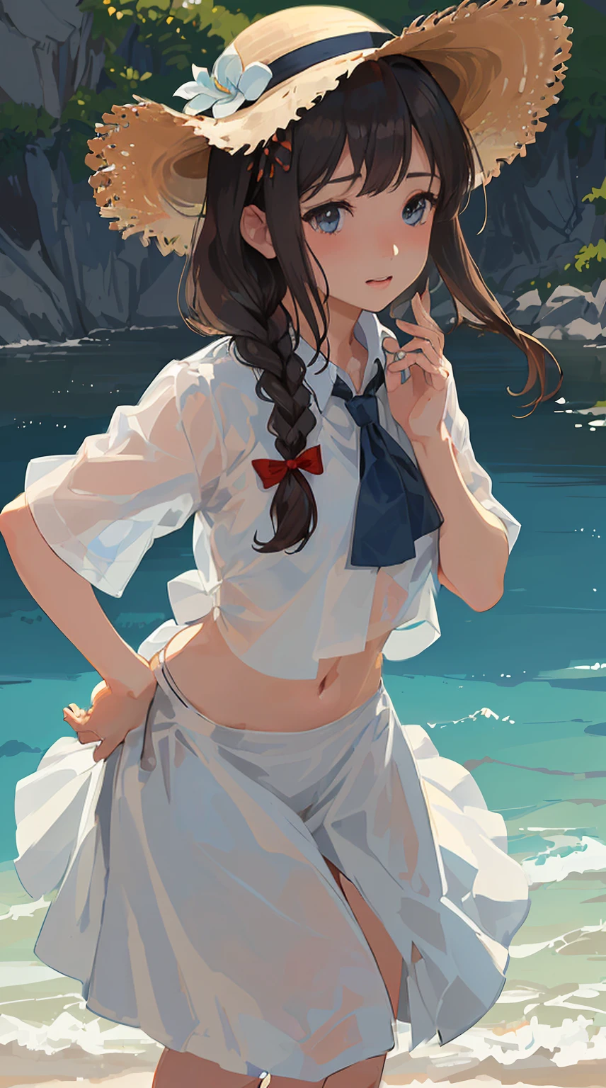 (masterpiece), (best quality), (ultra-detailed), photorealistic, (best illustration), (an extremely delicate and beautiful), 1girl, solo, detailed scenery, radiant beach, blue sky, white cloud, kcshigurek3su, cowboy shot, leaning forward, finely detailed iris, detailed eyes, side-tie bikini bottom, hair ornament, hair flaps, single braid, brown hair, straw hat, hat flower, front-tie bikini top, black necktie, collared shirt, see-through, blue bow, light smile, short sleeves,
Very Fine Eyes Very Fine Face、Insanely detailed body、Extremely fine skin, very elaborate hair ornament, Precisely shaped body and hands Wet Transparent Shirt
