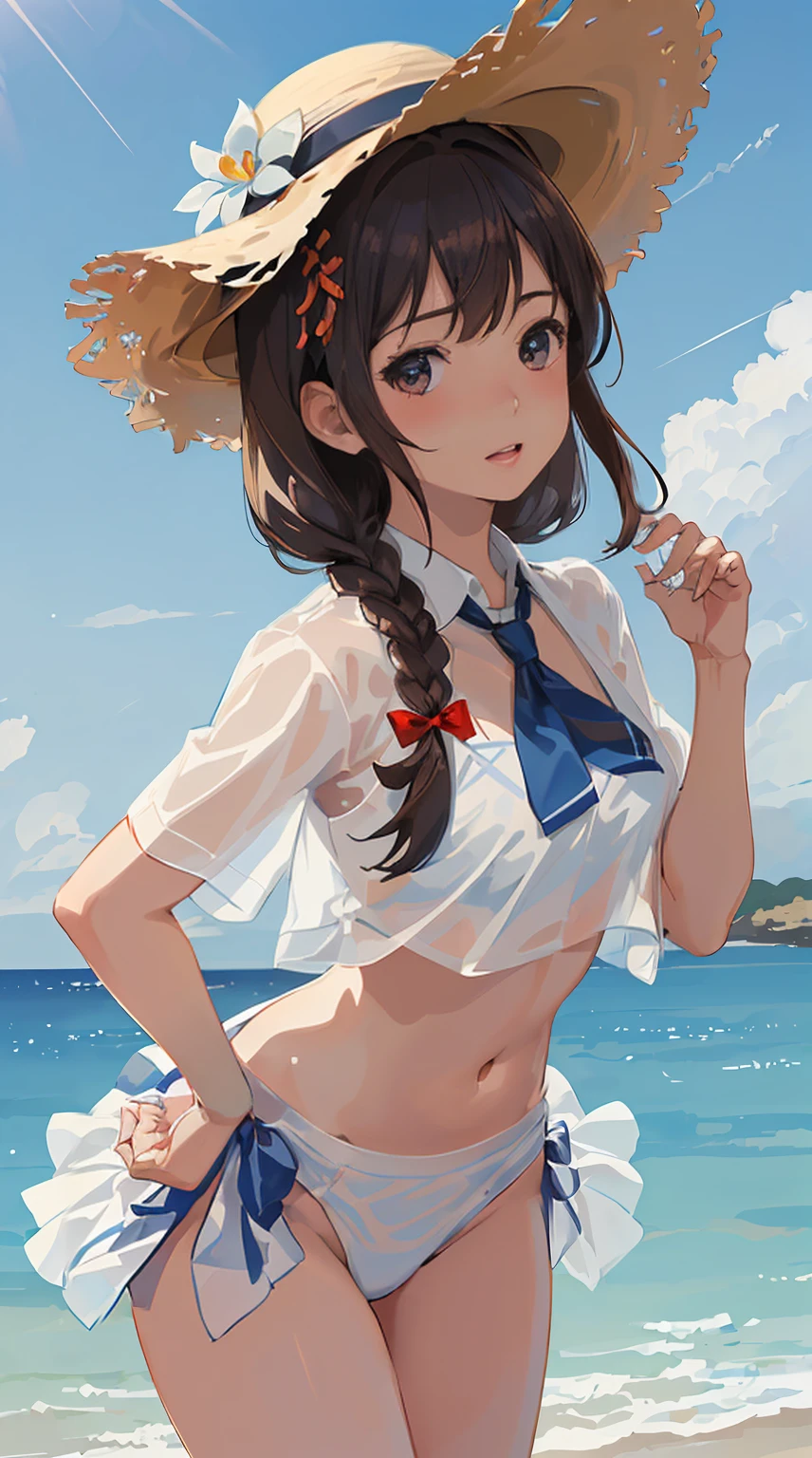 (masterpiece), (best quality), (ultra-detailed), photorealistic, (best illustration), (an extremely delicate and beautiful), 1girl, solo, detailed scenery, radiant beach, blue sky, white cloud, kcshigurek3su, cowboy shot, leaning forward, finely detailed iris, detailed eyes, side-tie bikini bottom, hair ornament, hair flaps, single braid, brown hair, straw hat, hat flower, front-tie bikini top, black necktie, collared shirt, see-through, blue bow, light smile, short sleeves,
Very Fine Eyes Very Fine Face、Insanely detailed body、Extremely fine skin, very elaborate hair ornament, Precisely shaped body and hands Wet Transparent Shirt