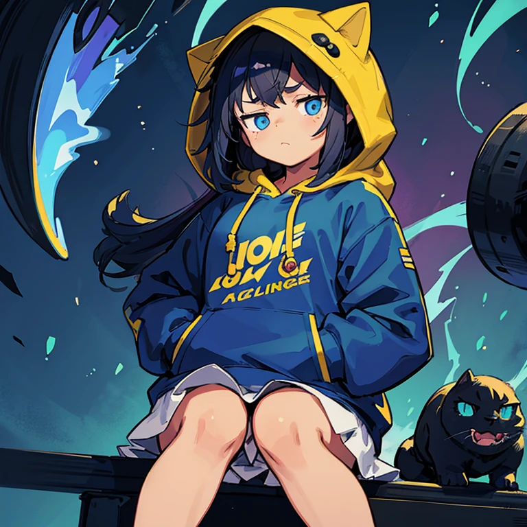 1little girl,Dobo Dobo hoodie,hands in the pocket,sitted,Frolicking with a cat,many colors,black lightning line,Background based on bright colors