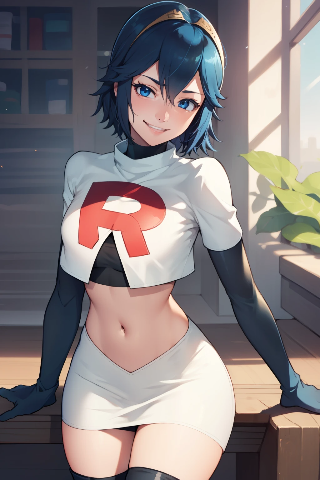 lucina fe ,rocket,team rocket uniform, red letter R, white skirt,white crop top,black thigh-high boots ,black elbow gloves, blue hair, evil smile, looking at viewer, short hair