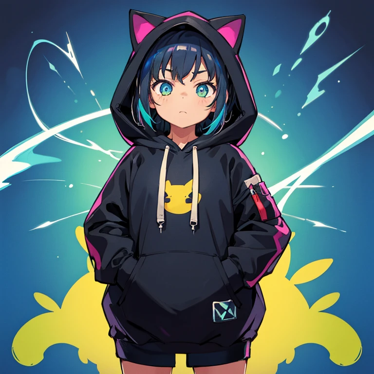 1little girl,Dobo Dobo hoodie,hands in the pocket,sitted,Frolicking with a cat,many colors,black lightning line,Background based on bright colors