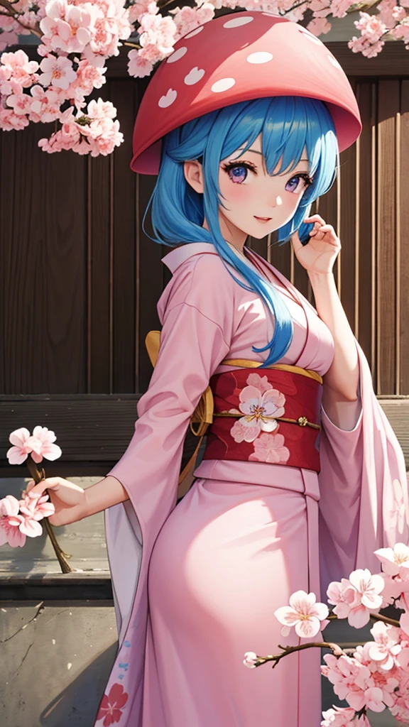 1 girl, blue hair, pink eyes, kimono, cherry blossom wears a mushroom hat, posing, high res, wall paper, ultra sharp, 8k, masterpiece, zoomed in, looking at viewer