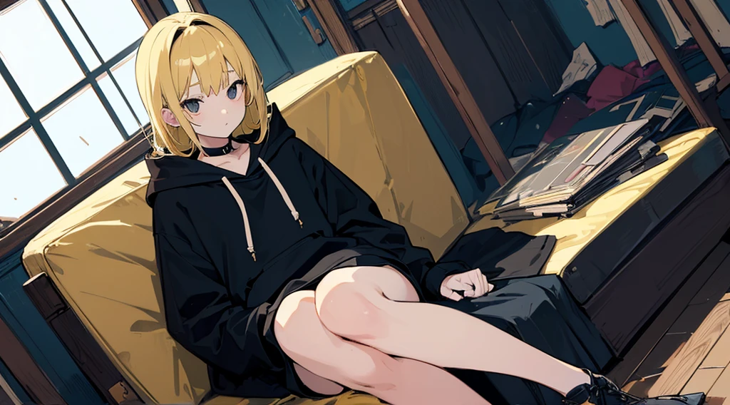 (1 girl, blonde hair, black eyes, black hoodie, sitting on the sofa, kawaii), (abandoned house), (low contrast, flat color, limited palette)