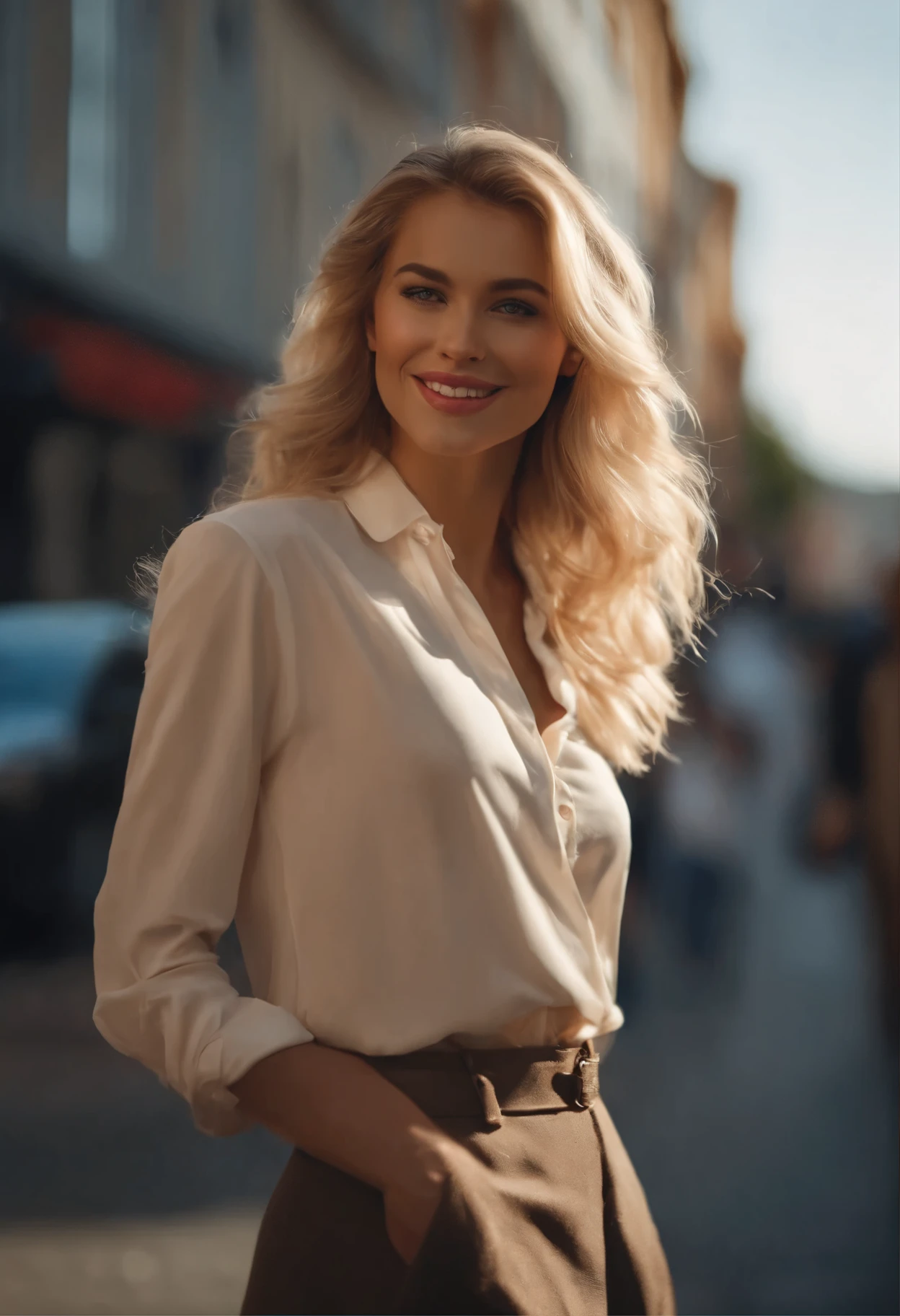 professional, (4k photo:1.1) by (Jeremy Lipking:0.3), (Dittmann Anna:0.3), (Arian Mark:0.3), (Sharp focus:1.3), high detail, wearing (lowcut shirt:1.2), beautiful detailed face, hazel eyes, long blonde hair, (attractive young woman:1.3), (seductive:1.1), (blushing:1.1), hourglass body shape, medium round perky breasts, wide thicc hips, on the street , sexy,smile face