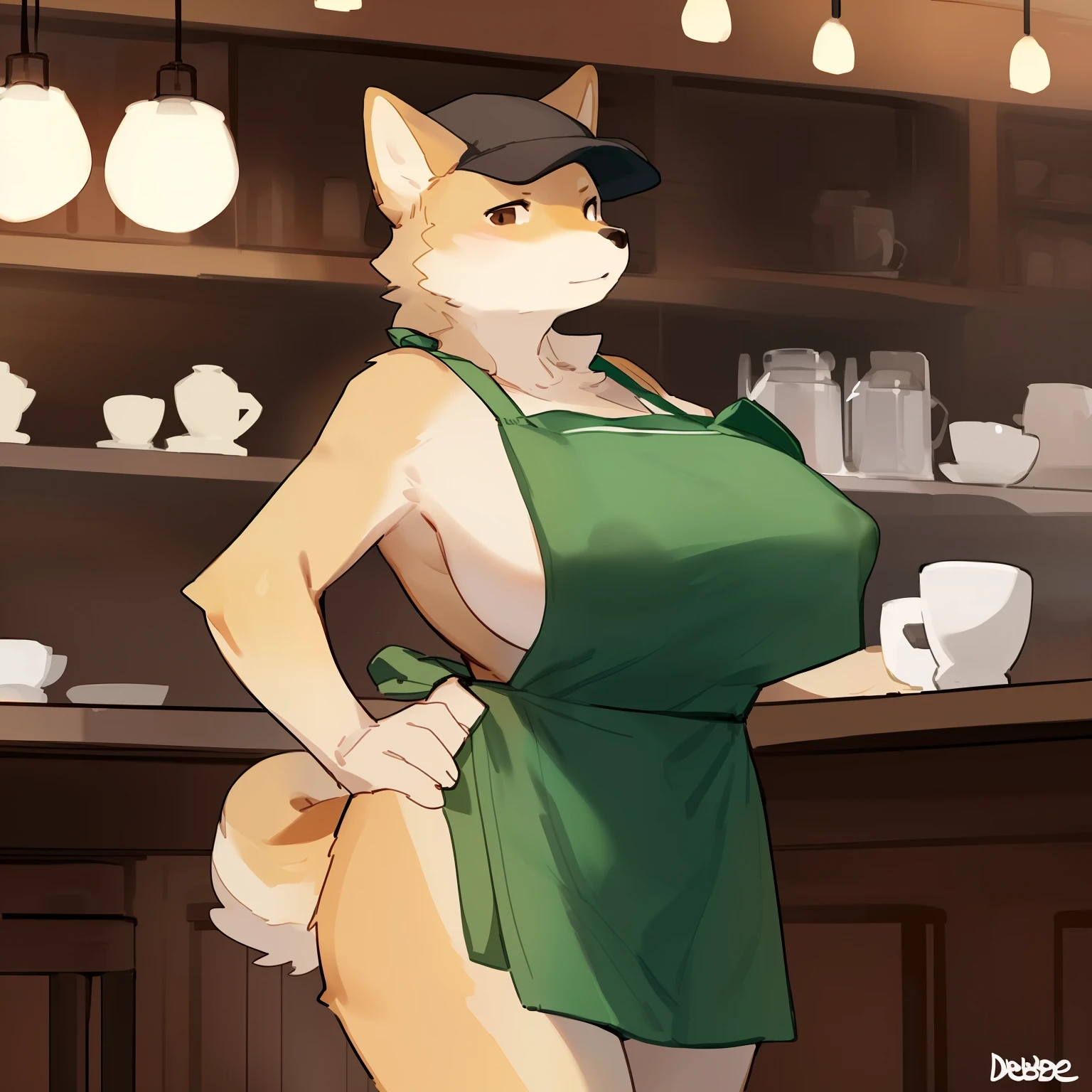 Solo, female, (((by bebebebebe))), standing, shiba inu, brown eye, huge breasts, in a cafe, day, dramatic lighting, (((only wearing a green apron and a black cap))), nipple outline, wide hips,