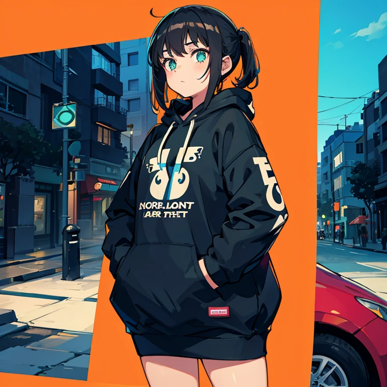 1 youth,Man's daughter,Dobo Dobo hoodie,hands in the pocket,sitted,Frolicking with a cat,many colors,black lightning line,Background based on bright colors