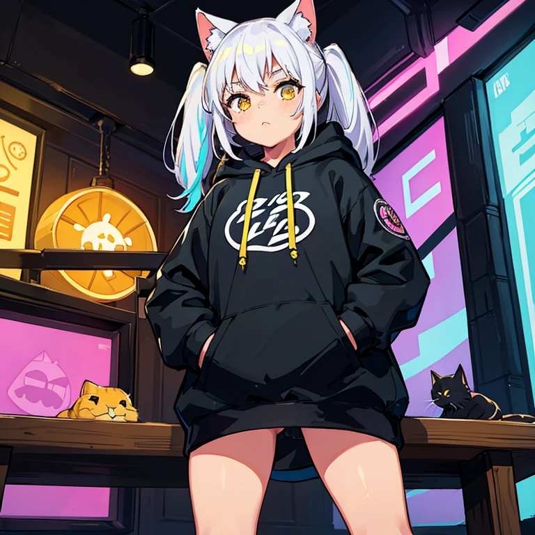 1 youth，Man's daughter，Dobo Dobo hoodie，hands in the pocket，sitted，Frolicking with a cat，many colors，black lightning line，Background based on bright colors