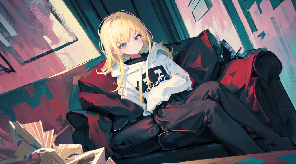 (1 girl, blonde hair, black eyes, black hoodie, sitting on the sofa, kawaii), (abandoned house), (low contrast, flat color, limited palette)