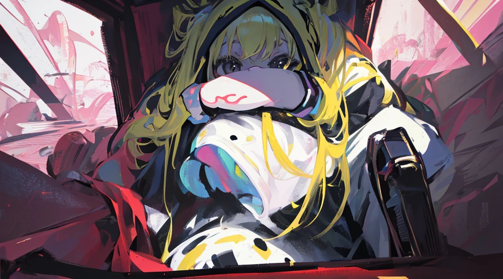 (1 girl, blonde hair, black eyes, black hoodie, sitting on the sofa, kawaii), (abandoned house), (low contrast, flat color, limited palette)