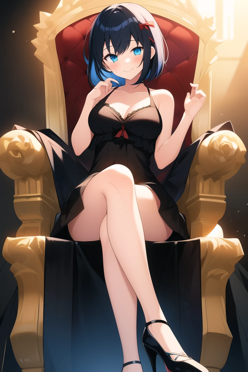 1girl, solo, breasts, smile, short_hair, bangs, black_hair, ribbon, bare_shoulders, blue_eyes, collarbone, sleeveless, medium_hair, dress, black_dress, throne, sitting, crossed_legs, from_below, high_heels, full_body