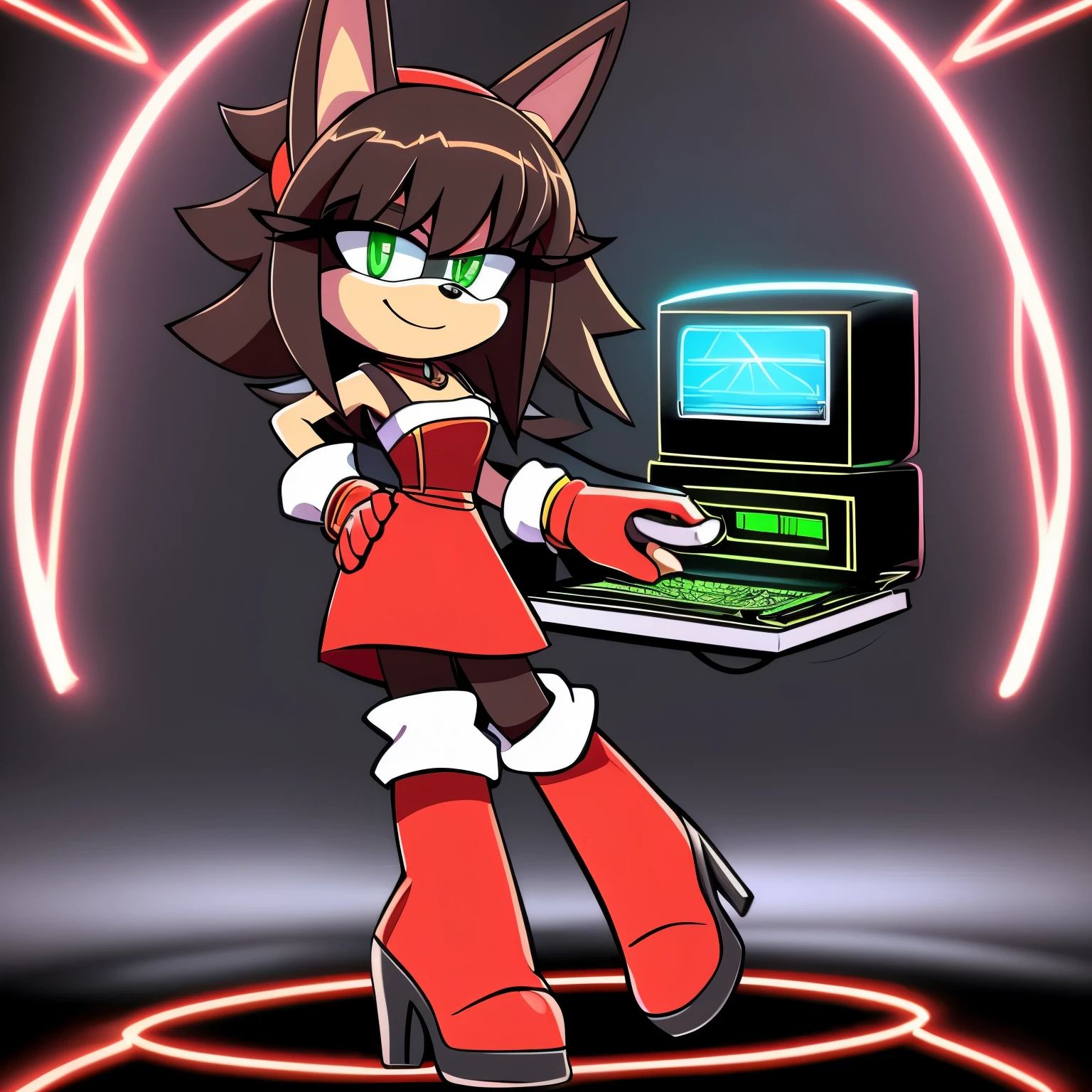 Female, Mobian, one hand on hip, (((2D Anime Style))), (solo), (1girl), high quality digital art, red and black neon lines sketch art, black cloudy background, a red furred female anthropomorphic hedgehog from Sonic the hedgehog who has glowing green eyes, standing up and holding a computer chip, smiling evilly, long lower back length hair, hair bangs, old western styled dress, knee high high heeled boots, wispy lines, smoky