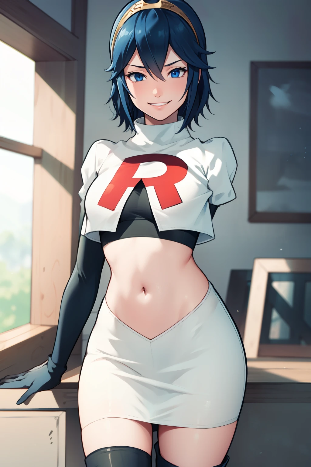 lucina fe ,rocket,team rocket uniform, red letter R, white skirt,white crop top,black thigh-high boots ,black elbow gloves, blue hair, evil smile, looking at viewer, short hair