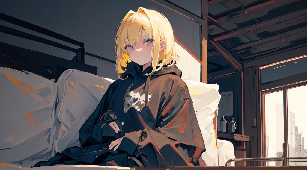 (1 girl, blonde hair, black eyes, black hoodie, sitting on the sofa, kawaii), (abandoned house), (low contrast, flat color, limited palette)