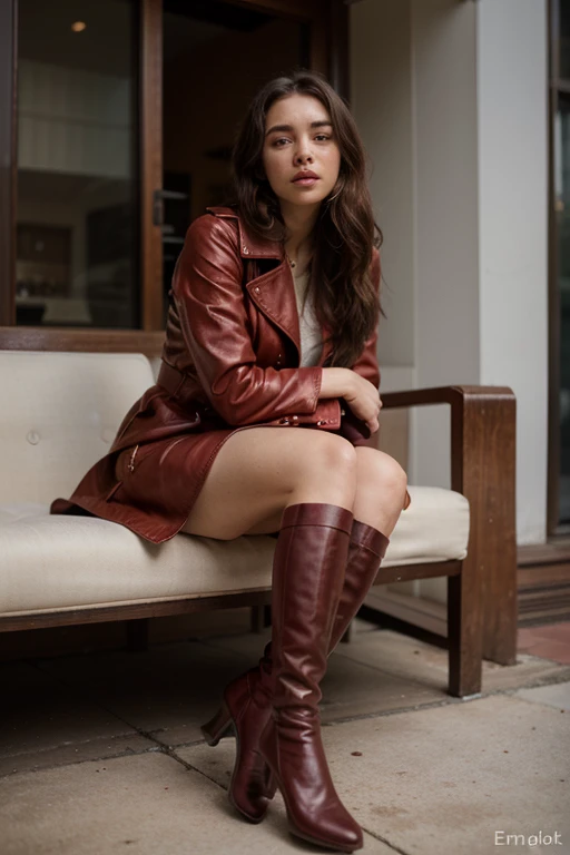 ((best quality)), ((masterpiece)), (detailed), perfect face realistic photo of beautiful woman with long dark brown hair, Russian, influencer, light freckles, dark brown eyes, big lips, no makeup, instagram, a woman in a red leather coat sitting on a couch, by Emma Andijewska, trending on pexels, fine art, soft devil queen, wearing trenchcoat, full body length, cover with a lot of red water, 2 0 2 0 fashion, over-knee boots, robe, red shoes