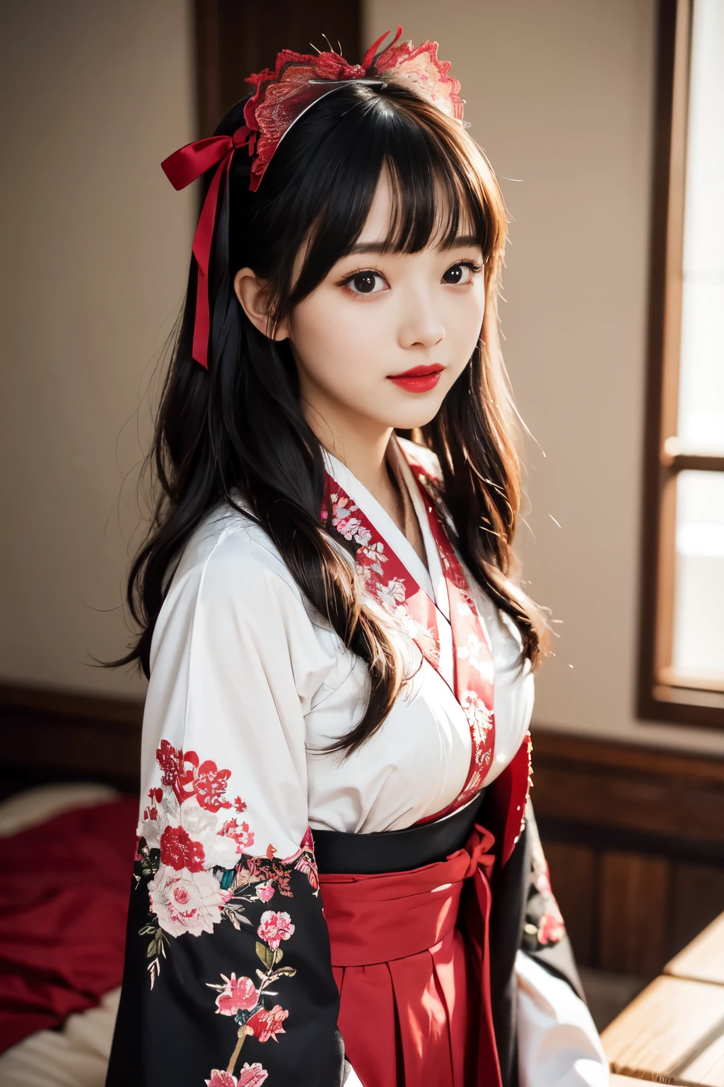 (in 8K, Best Quality, masutepiece:1.2)、超A high resolution、A beautiful and elegant 20 year old woman,ultra-detailed face,detailed eyes,A dark-haired,long eyeslashes,Detailed fingers,elaborate costume,Luxury kimono,mini length black kimono,detailed embroidery,lots of lace, ,red lips,blunt bangs,up hair,lolita fashion,bow ribbon,Head dress、white lace short socks,is standing,Captivate your audience,a smile,rim light,Western-style room