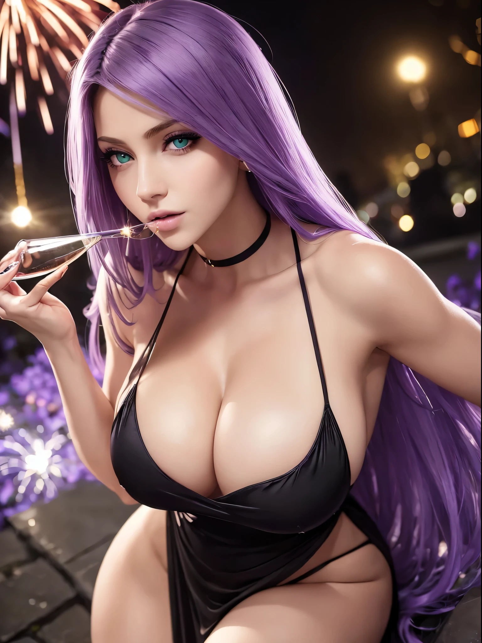 ((masterpiece, best quality)), (realistic eyes), green eyes, long light purple lilac hair, (close up), wearing low cut silky black dress, shiny skin, cleavage, large boobs, hard nipples through dress, fireworks, outdoors at night, starry night sky, holding a glass of champagne, looking at viewer