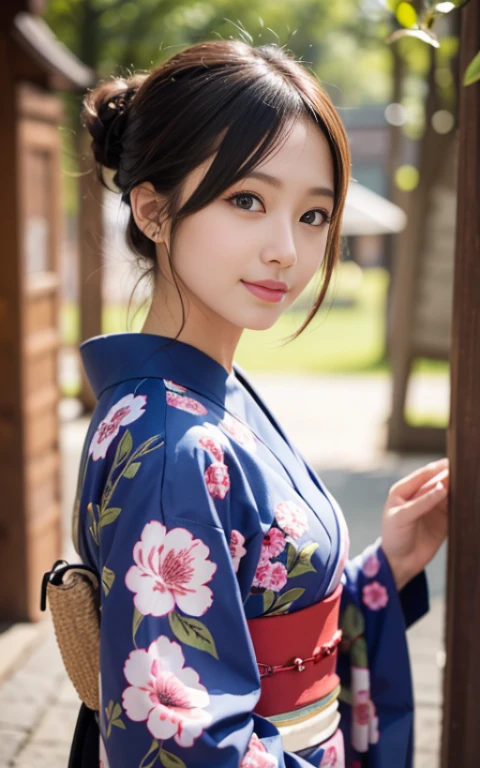 Cute 21 years old Japan、Super Detail Face、Eye of Detail、二重まぶた、beautiful thin nose、foco nítido:1.2、prety woman:1.4、(light brown hair,short cut hair, White skin、top-quality、发光、masterpiece、超A high resolution、(Photorealsitic:1.4)、kimono、日本のkimono、Japan traditions、The best smile、