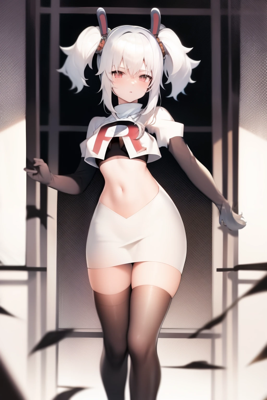 masterpiece, best quality, fake animal ears, solo, white hair, twintails,team rocket,team rocket uniform,white skirt,red letter R,crop top,black thigh-highs,black elbow gloves,