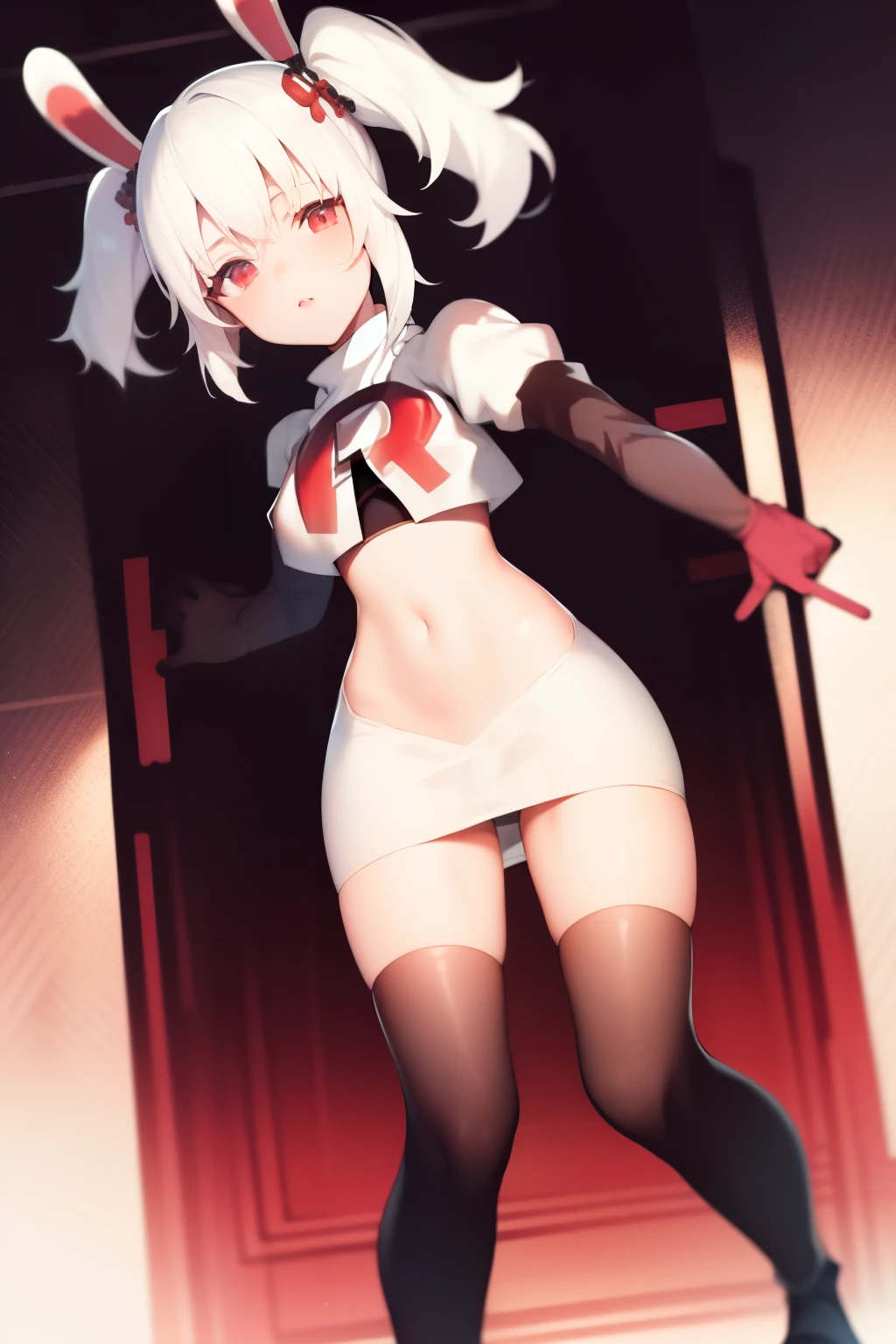 masterpiece, best quality, fake animal ears, solo, white hair, twintails,team rocket,team rocket uniform,white skirt,red letter R,crop top,black thigh-highs,black elbow gloves,