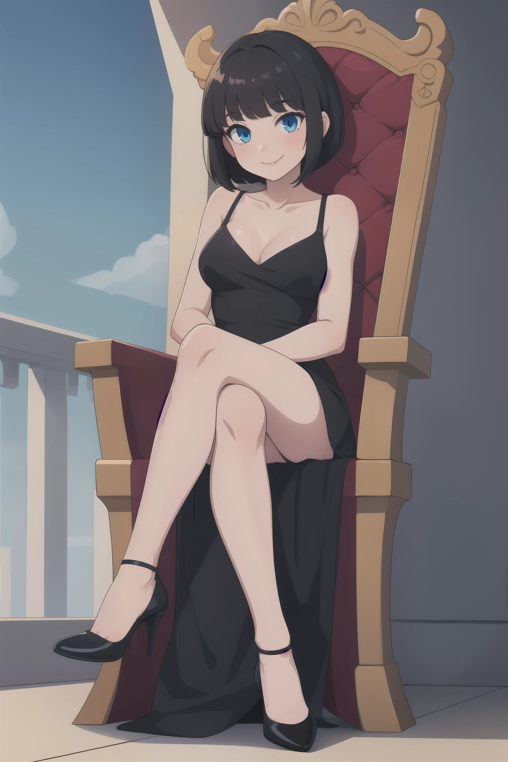 1girl, solo, breasts, smile, short_hair, bangs, black_hair, ribbon, bare_shoulders, blue_eyes, collarbone, sleeveless, medium_hair, short_dress, black_dress, throne, sitting, crossed_legs, from_below, high_heels, full_body