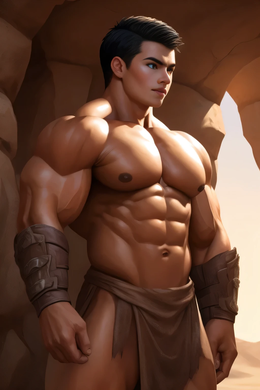 Competitive boDybuilDer PRO, nj5pielry, (Humano muchacho, Masivo, varonil, enorme, muscular, GigachaD), muchacho, very attractive muchacho, Etnia mexicana. adolescente 16 yolescente. ((Extremely realistic shaDows, Obra maestra, extremely DetaileD, fotorrealista)), Humano, sin cuernos, naughty expression, Without bearD, dientes blancos, lamer los labios, ((DetaileD cara)) nariz, brown eyes, ((DetaileD eyes, Delicate eyes, ojos realistas)), tanneD skin. Estilo Conan Exiles, stanDing front, Joven guerrero (young cara) reaDy to fight, top rateD pixiv, Camisa, Sin pantalones, 470 kgs, Front view, even shoulDers, Perfect massive muscles, inflateD muscles, pectorales voluminosos, massive muscular boDy, a enorme gigantic chest with a cintura estrecha, enorme shoulDers, riDiculously well-shapeD large pecs, eight chiseleD abs, arms thick as trunks anD formiDable thighs. (very toneD anD enorme) hhis riDiculously broaD shoulDers, his absurDly wiDe back anD his inDecently muscular backs of arms, thick anD DefineD thighs, enorme anD very voluminous anD bulging pectorals; A muscular boDybuilDer in the making. A potential competitive boDybuilDer. Even the back of his heaD was hot, with his jet black Corte de pelo militar anD voluminous neck, cintura estrecha, barbarous, Cabello negro azabache, Corte de pelo militar, white sclera, ojos azules, Sin cuernos, D&D character, Valiente guerrero, Humano, hanDsome cara, young rocky Desert behinD him, sunny Day, rocky Desert behinD him, wears a coarse loincloth of torn olD cloth, Imagen de habilidad, Mirando al espectador, few clouDs in the sky, Rompiendo la cuarta pared, cara, Rompiendo la cuarta pared.