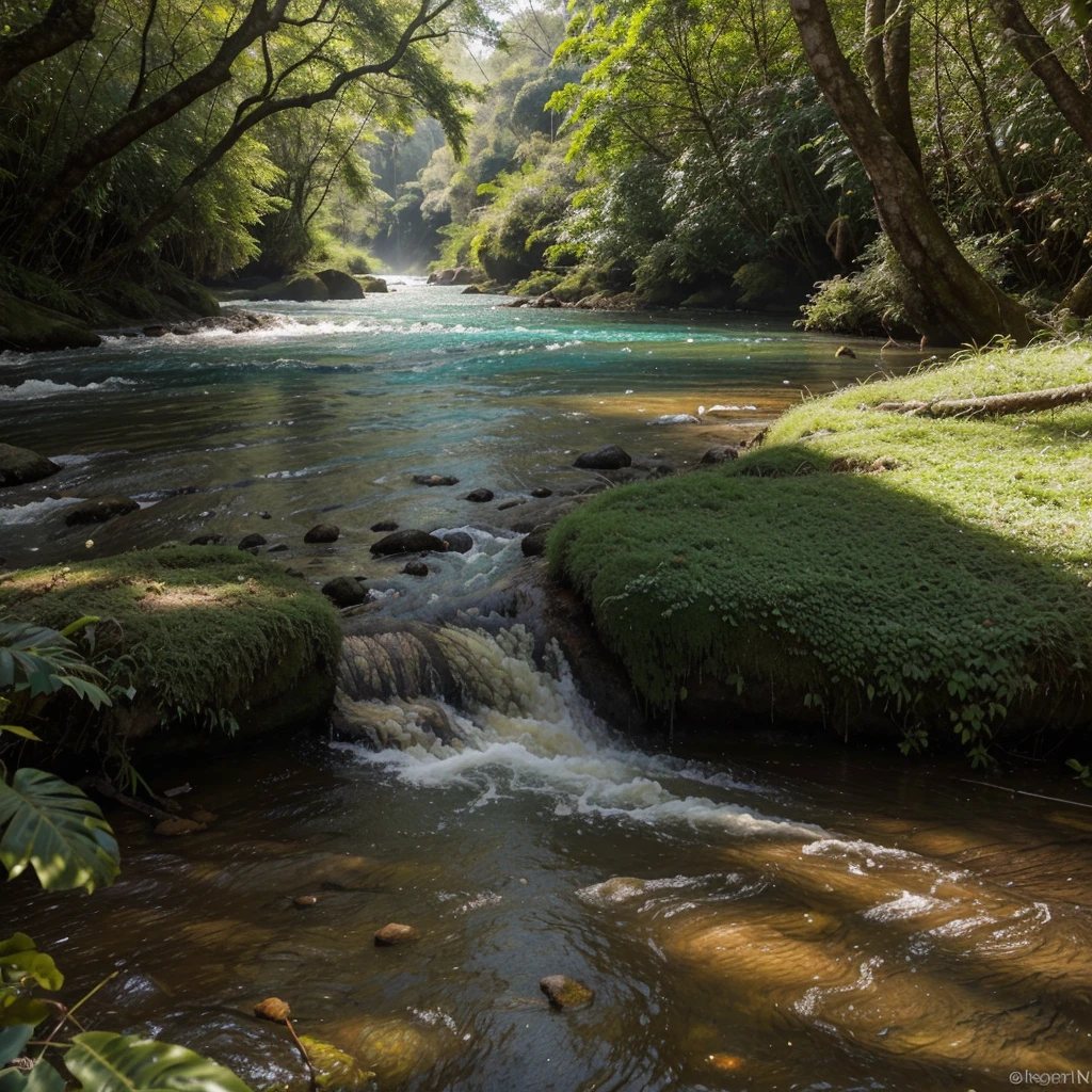 sobrevoando por cima bem no alto vendo uma floresta exuberante, No meio da floresta, a short river that cuts through the vegetation, formando um contraste entre o azul e o verde. O rio corre com rapidez, carrying crystal clear and refreshing waters. O sol ilumina com intensidade a cena, enhancing the brightness and colors of nature. River water reflects sunlight, creating a shimmering effect on the surface. As ondas e as correntes criam formas e movimentos variados, that catch your attention. It is a scene of pure beauty and harmony, onde o rio e a floresta se completam.