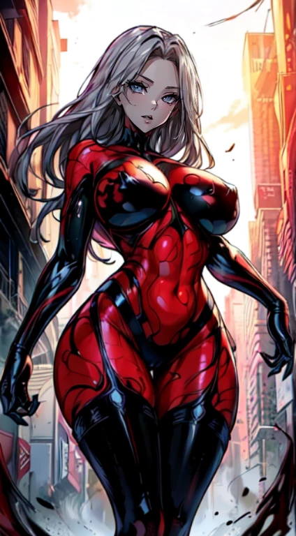 a beautiful  woman，（Fusion with the red and black symbiote：2.0），she is a spiderman，（The whole body is covered in red and black mucus：2.1），The perfect symbiote，（tight clothes：1.8），（Tall guy：1.8），（slender figures：1.4），（legs long：1.7），Hair to the shoulders，Short flowing hair，with short golden hair，（Delicate eyes：1.6），perfect body figure，voluptuous figure，Plump breasts，（：1.5），Plump buttocks，Slender legs，Well-proportioned legemale carnage：1.9），（Full body red tights：2.0），（Red symbiote tights：1.9）High heeled beauty，Perfect facial features，is a perfect face，delicated face，beautidful eyequisite Eyeinely quality eyes，dentes pontiagudos，Hands are very thin，perfect hand，（sharp talons：1.8），red - eyed，（standing on your feet：1.8），perfectquality，Perfect painting，Number of works，truly a masterpiece，Highest resolution，Just the right lighting，perfect  detail，Full body like，SVSC，Blood dripping