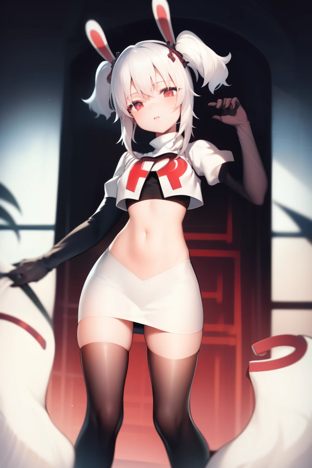 masterpiece, best quality, fake animal ears, solo, white hair,long twintails,team rocket,team rocket uniform,white skirt,red letter R,crop top,black thigh-highs,black elbow gloves,