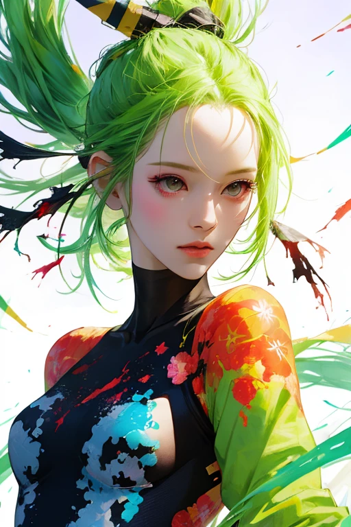 super detailed,Super realistic,Toxic Tokyo city,Beauty skinny female,double exposure,light particles,invention, apparition,ink/acrylic-paint hybrid drawing,UNIQLO fashion,close-up shot,