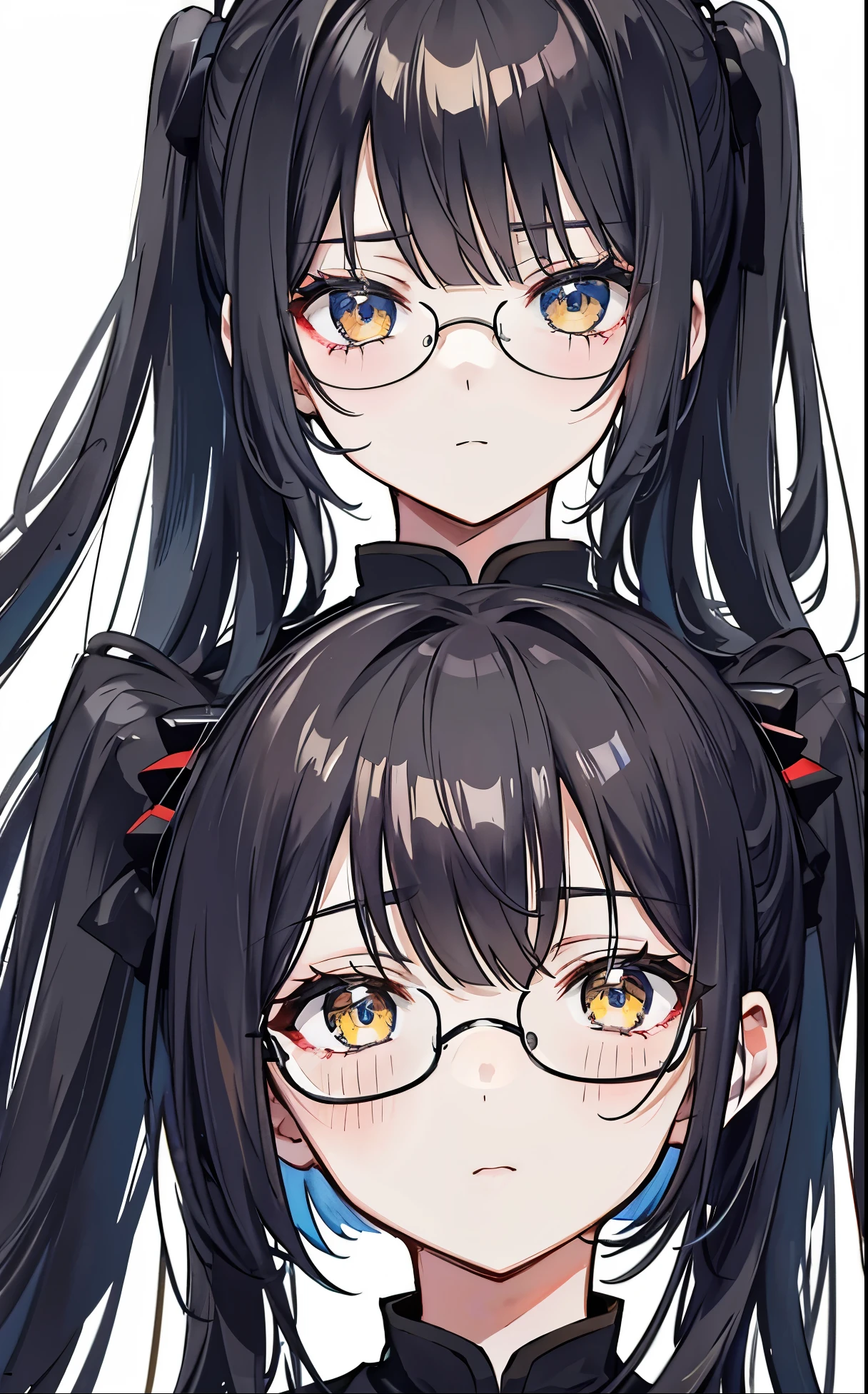 Dark yellow twin ponytails,Hair appears as a whole,But there is a sense of black attachment,Star decoration,Meteor decoration,With black glasses,There is a deceptive look in the eyes,Girl but very handsome,There is a sense of contempt in his eyes,黑黄的冲锋衣有着Star decoration