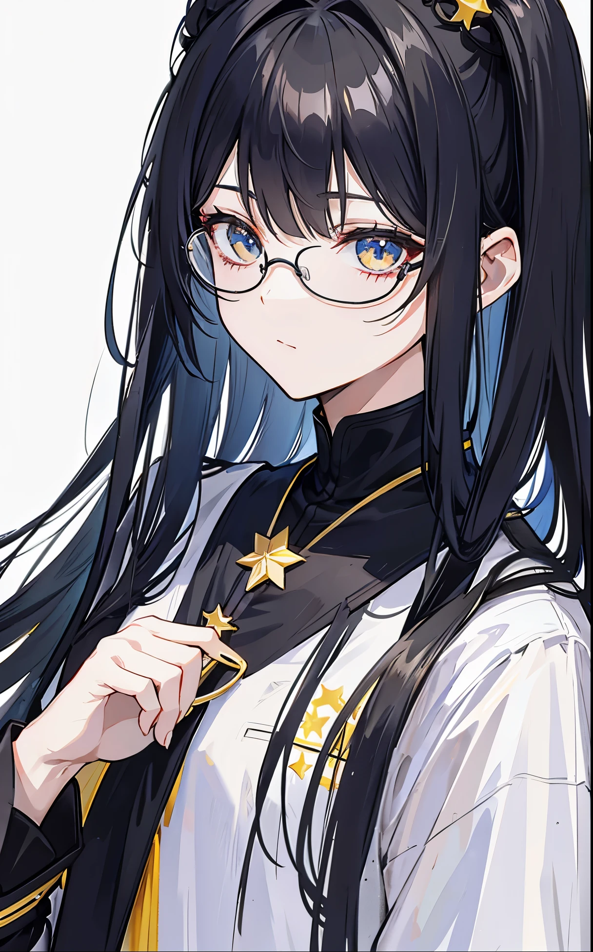 Dark yellow twin ponytails,Hair appears as a whole,But there is a sense of black attachment,Star decoration,Meteor decoration,With black glasses,There is a deceptive look in the eyes,Girl but very handsome,There is a sense of contempt in his eyes,黑黄的冲锋衣有着Star decoration