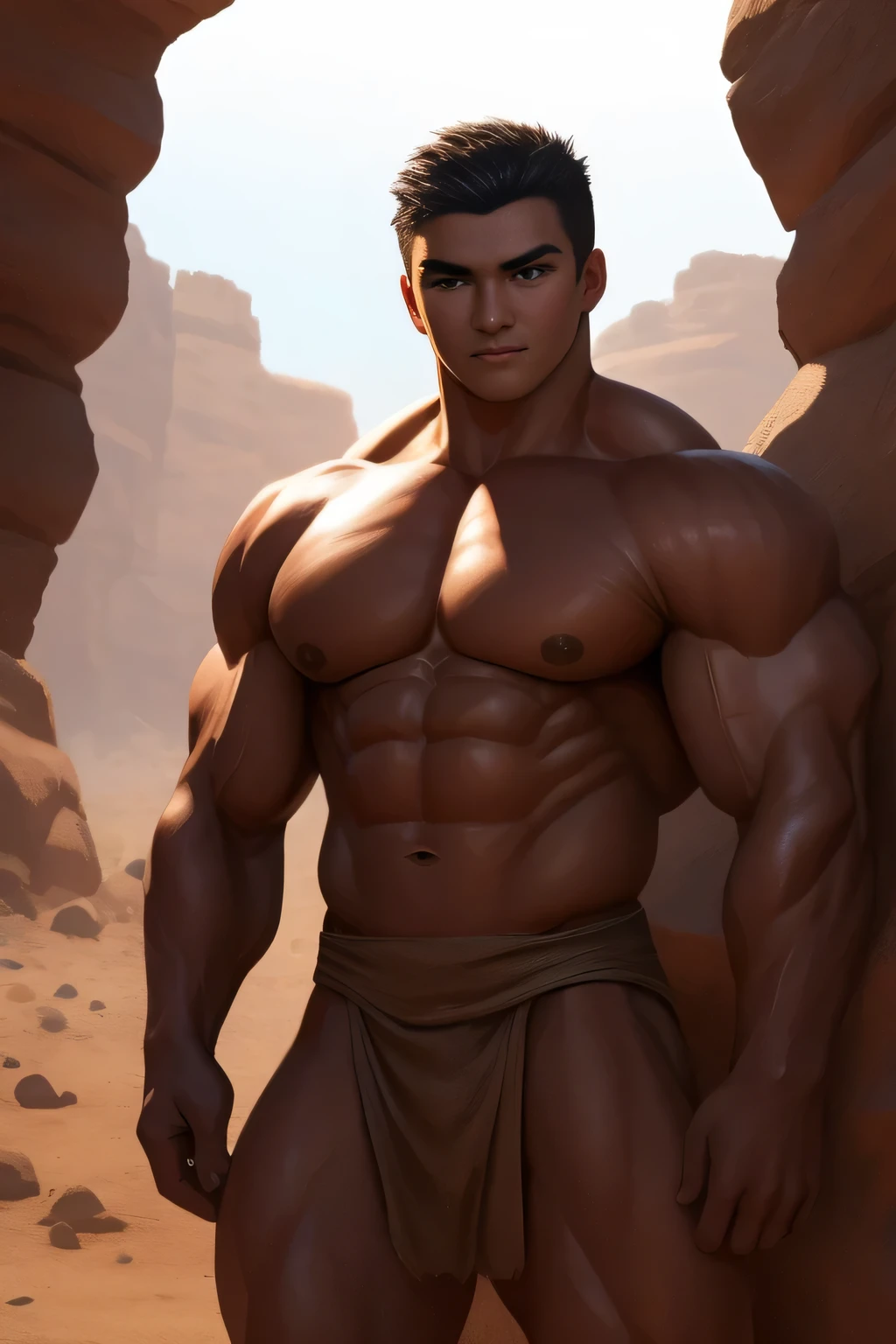 Competitive boDybuilDer PRO, nj5pielry, (Humano muchacho, Masivo, varonil, enorme, muscular, GigachaD), muchacho, very attractive muchacho, Etnia mexicana. adolescente 16 yolescente. ((Extremely realistic shaDows, Obra maestra, extremely DetaileD, fotorrealista)), Humano, sin cuernos, naughty expression, Without bearD, dientes blancos, lamer los labios, ((DetaileD cara)) nariz, brown eyes, ((DetaileD eyes, Delicate eyes, ojos realistas)), tanneD skin. Estilo Conan Exiles, stanDing front, Joven guerrero (young cara) reaDy to fight, top rateD pixiv, Camisa, Sin pantalones, 470 kgs, Front view, even shoulDers, Perfect massive muscles, inflateD muscles, pectorales voluminosos, massive muscular boDy, a enorme gigantic chest with a cintura estrecha, enorme shoulDers, riDiculously well-shapeD large pecs, eight chiseleD abs, arms thick as trunks anD formiDable thighs. (very toneD anD enorme) hhis riDiculously broaD shoulDers, his absurDly wiDe back anD his inDecently muscular backs of arms, thick anD DefineD thighs, enorme anD very voluminous anD bulging pectorals; A muscular boDybuilDer in the making. A potential competitive boDybuilDer. Even the back of his heaD was hot, with his jet black Corte de pelo militar anD voluminous neck, cintura estrecha, barbarous, Cabello negro azabache, Corte de pelo militar, white sclera, ojos azules, Sin cuernos, D&D character, Valiente guerrero, Humano, hanDsome cara, young rocky Desert behinD him, sunny Day, rocky Desert behinD him, wears a coarse loincloth of torn olD cloth, Imagen de habilidad, Mirando al espectador, few clouDs in the sky, Rompiendo la cuarta pared, cara, Rompiendo la cuarta pared.