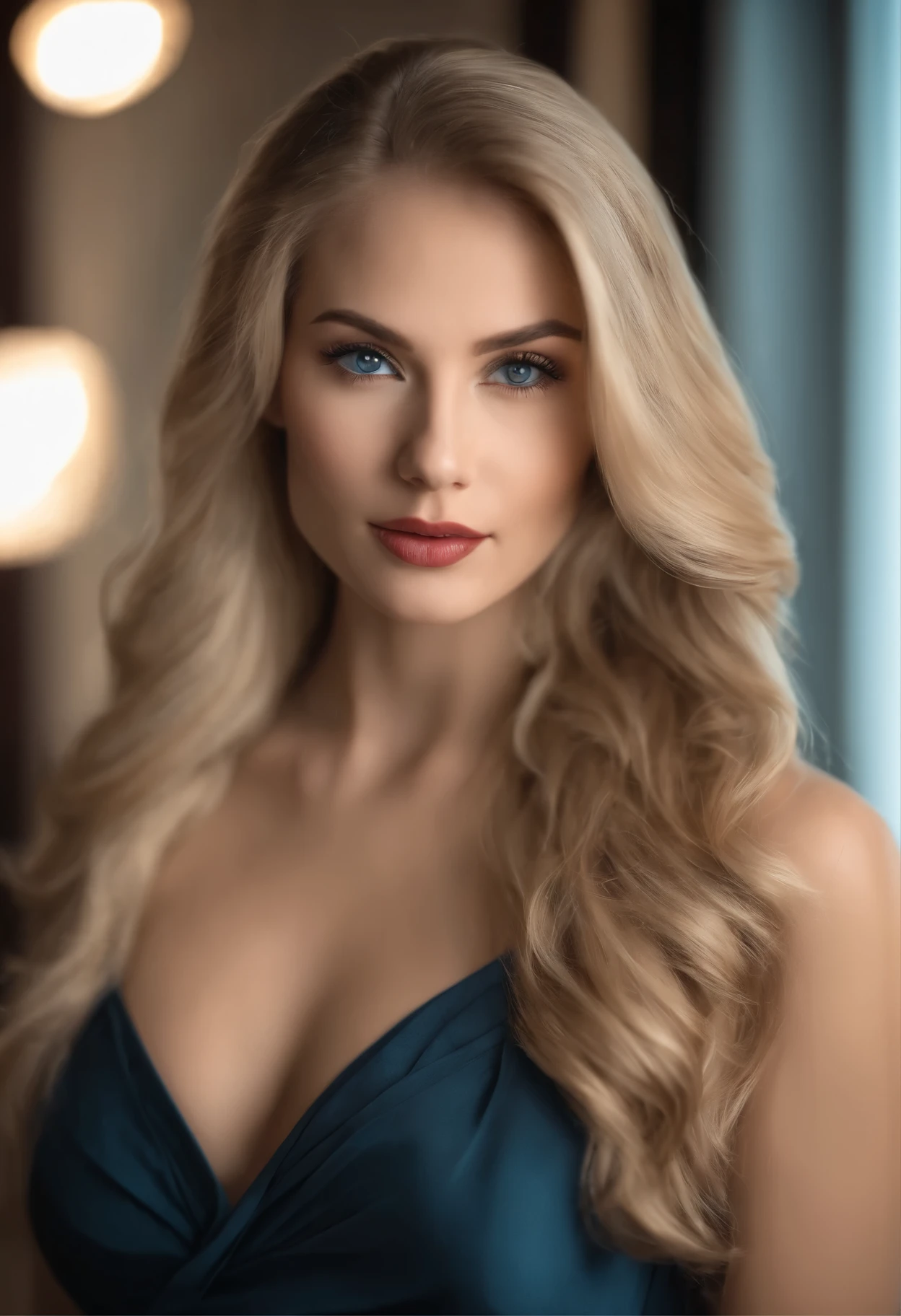 beautiful 21-year-old girl, long blonde hair, blue eyes, full attractive lips, sexy face, attractive face, strikingly beautiful face, symmetrical face, photorealistic, , full body, shapely big breasts, elegant body-hugging tight dress, hotel room, very high quality, high detail, close-up portrait, 8k uhd, canon eos r