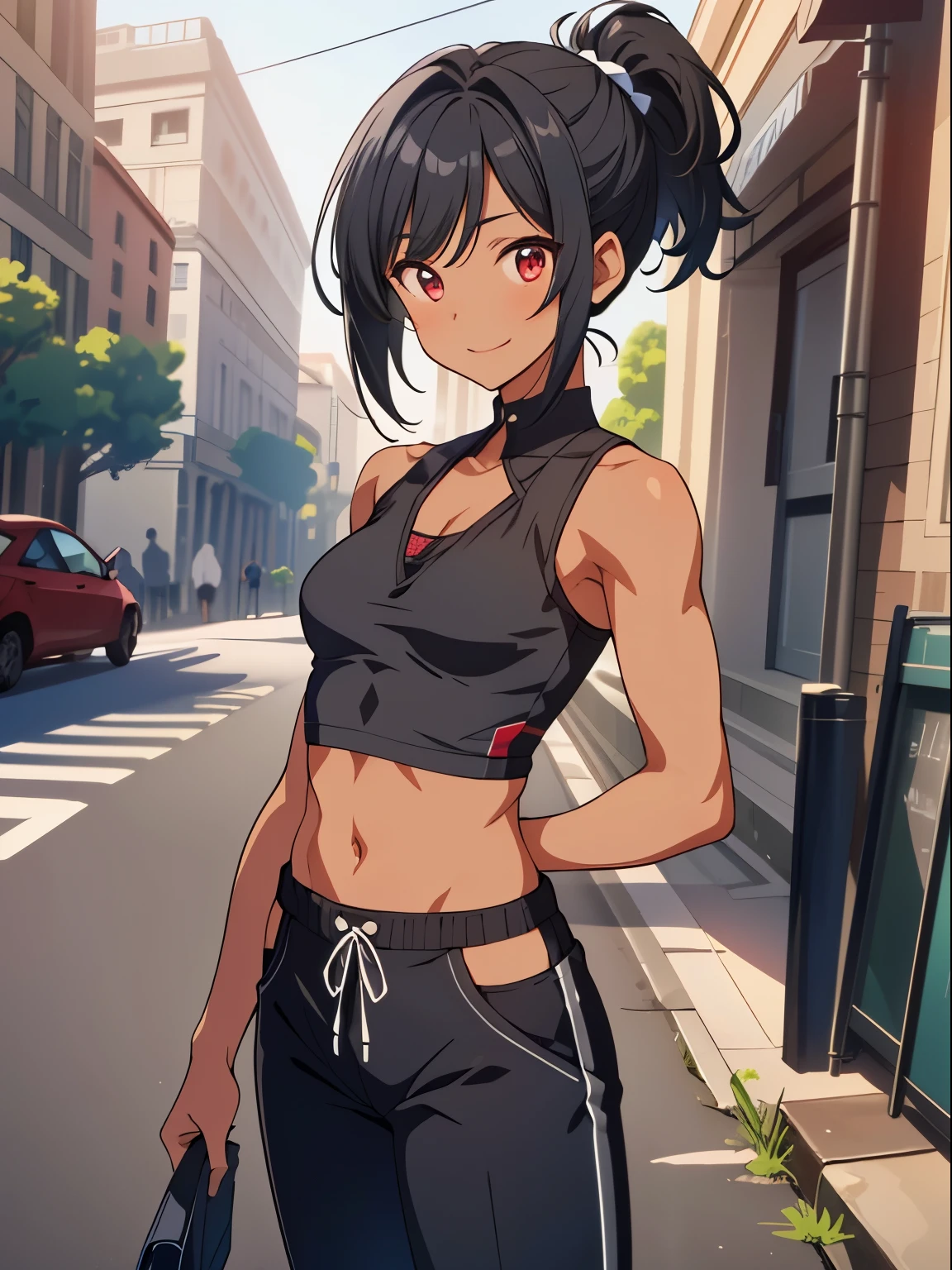 dreamy, (masterpiece), best quality, (16 year old appearance), 1girl, Black short hair, amazing, beautiful detailed eyes, red eyes, fine details, depth of field, extremely detailed CG, ((Black skin)), black shirt, black pants, small breasts, muscular girl, korra, dark skin, dark-skinned female, ponytail, hair tubes, short hair, bare shoulders, perfect anatomy, perfect hands, 1girl, solo,(high detailed skin:1.2), beautiful (skinny:0.8), (black skin:0.2), street background , smiling, Standing stop