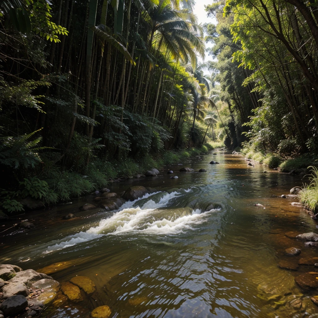 sobrevoando por cima uma floresta exuberante, No meio da floresta, a short river that cuts through the vegetation, formando um contraste entre o azul e o verde. O rio corre com rapidez, carrying crystal clear and refreshing waters. O sol ilumina com intensidade a cena, enhancing the brightness and colors of nature. River water reflects sunlight, creating a shimmering effect on the surface. As ondas e as correntes criam formas e movimentos variados, that catch your attention. It is a scene of pure beauty and harmony, onde o rio e a floresta se completam. vendo por cima