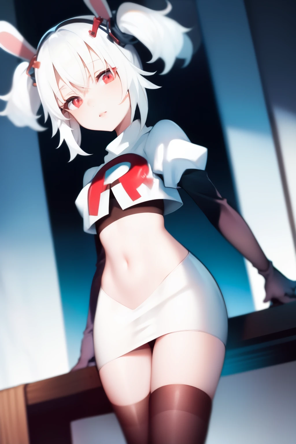 masterpiece, best quality, fake animal ears, solo, white hair,long twintails,team rocket,team rocket uniform,white skirt,red letter R,crop top,black thigh-highs,black elbow gloves,