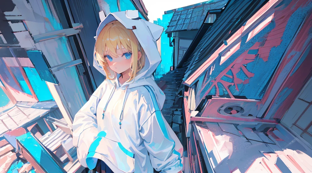 (1 girl, blonde hair, blue eyes, white hoodie, kawaii), (abandoned house), (low contrast, flat color, limited palette)