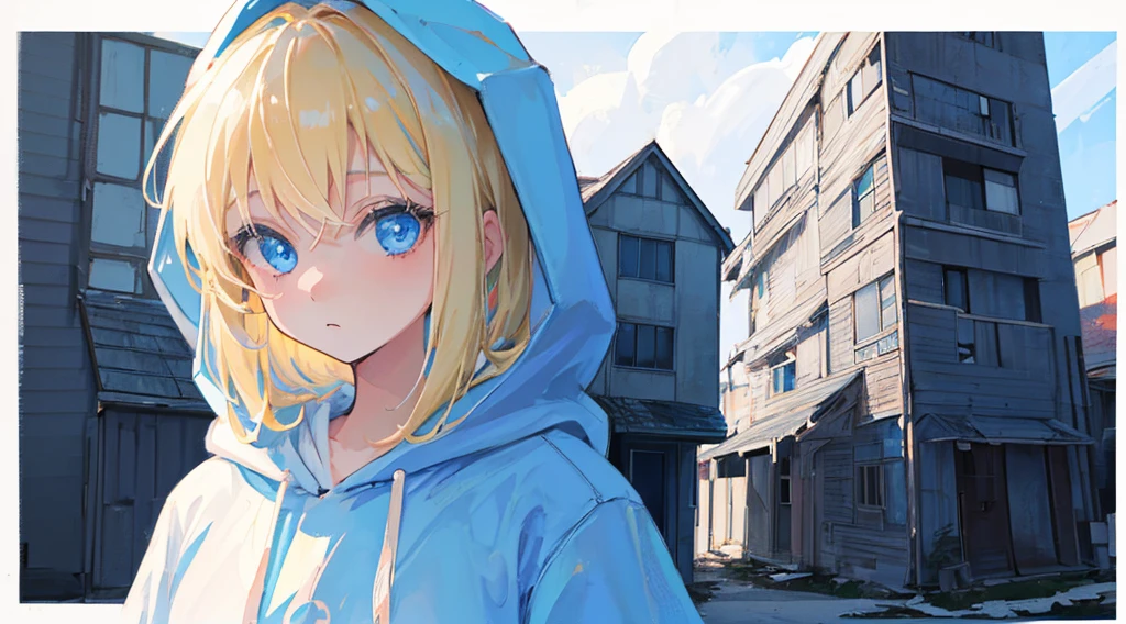 (1 girl, blonde hair, blue eyes, white hoodie, kawaii), (abandoned house), (low contrast, flat color, limited palette)