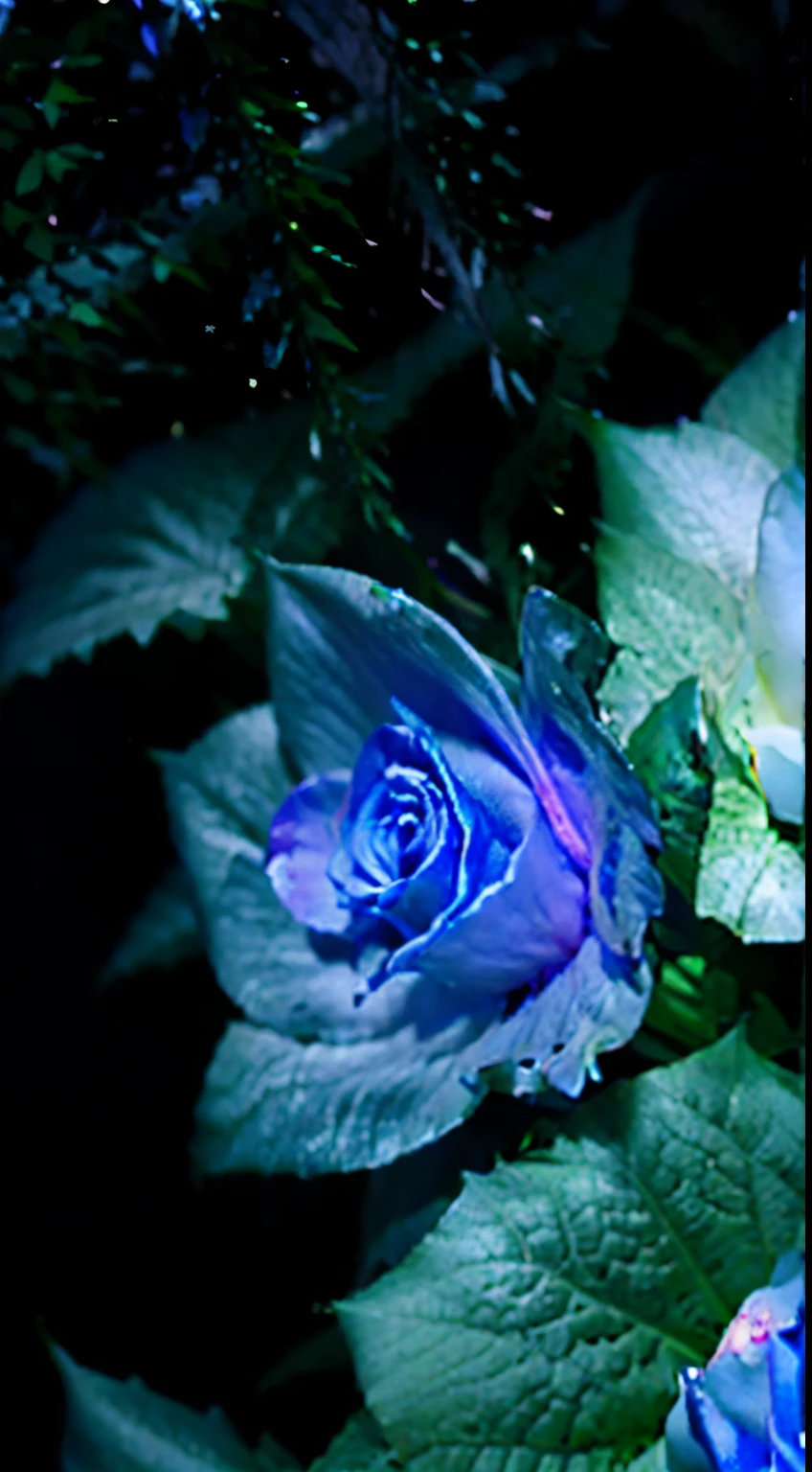 blue rose, with sharp thorns on the stem, green stems and leaves, blue flowers glow in the dark, in the night, wallpaper