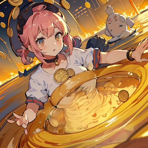 A pastry chef covered in boiling curry parfait ramen serving a giant coin、Amazing dynamism、Amazing Angle、Whirlpool sandstorm of unstable buoyancy、(((Many friendly coins float closely and chase each other.)))。surround each other&#39;large coin、